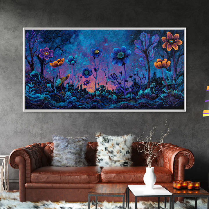 Whimsical Blue And Purple Flowers Digital Painting Vibrant Floral Wall Art Framed Canvas Print For Bedroom Or Living Room Decor