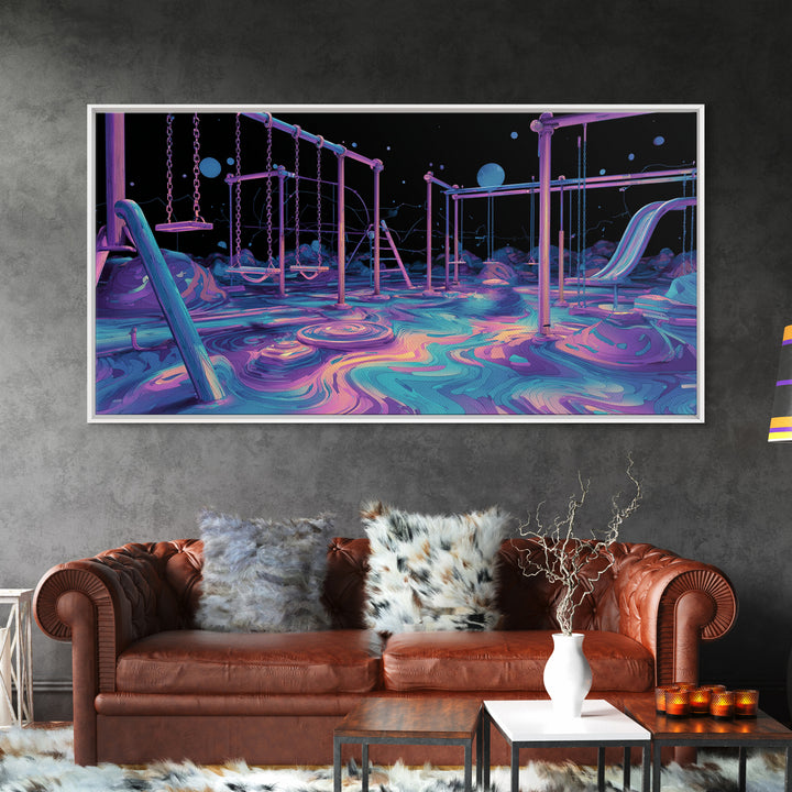 Surreal Neon Playground Illustration With Glowing Elements Wall Art Print, Vibrant Kids Room Decor, Modern Canvas Print