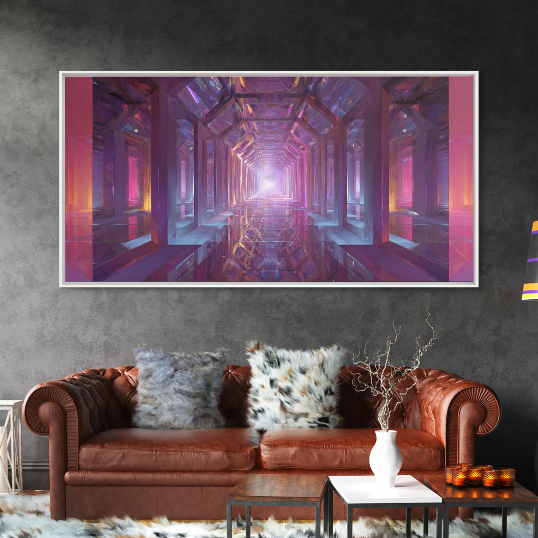 Futuristic Abstract Tunnel With Neon Lights And Mirrors Surreal Digital Art Wall Art Canvas Print