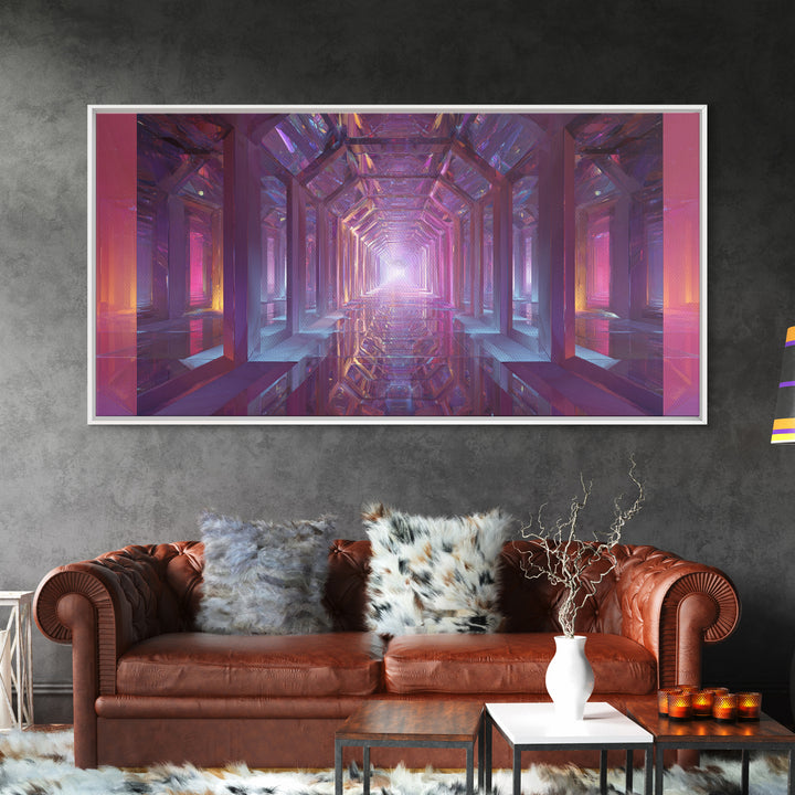 Futuristic Abstract Tunnel With Neon Lights And Mirrors Surreal Digital Art Wall Art Canvas Print