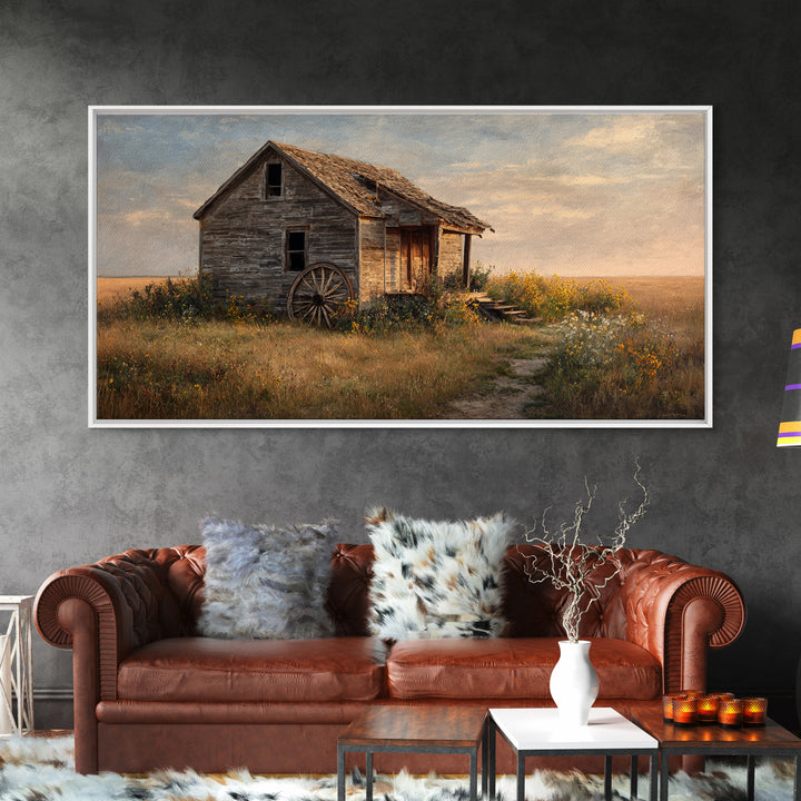 Rustic Abandoned Schoolhouse In Countryside Autumn Landscape Painting Wall Art Canvas Print For Farmhouse Décor