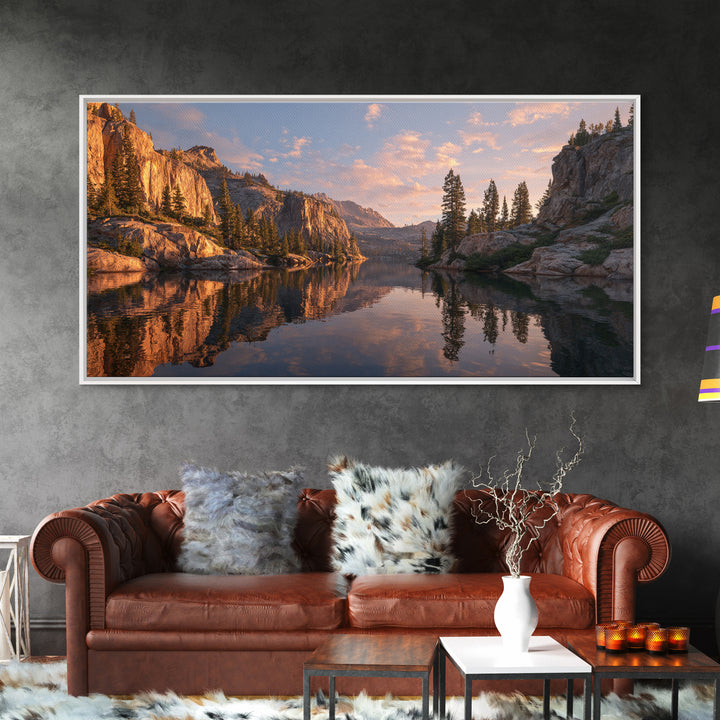 Golden Hour Mountain Lake Landscape With Reflection And Trees Framed Canvas Print Rustic Wall Art For Living Room Decor