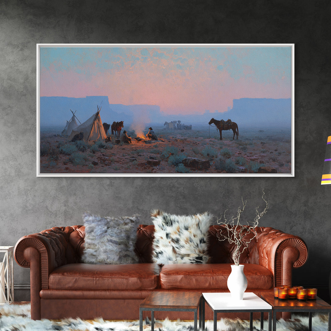Rustic Cowboy Campfire Scene Oil Painting Wall Art Showcasing Western Lifestyle With Horses For Farmhouse Living Room Decor Framed Canvas Print