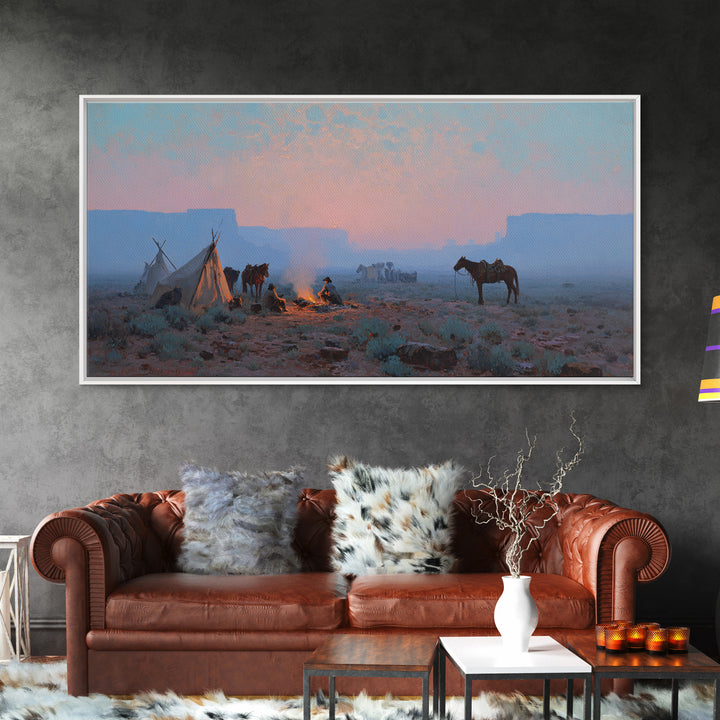 Rustic Cowboy Campfire Scene Oil Painting Wall Art Showcasing Western Lifestyle With Horses For Farmhouse Living Room Decor Framed Canvas Print