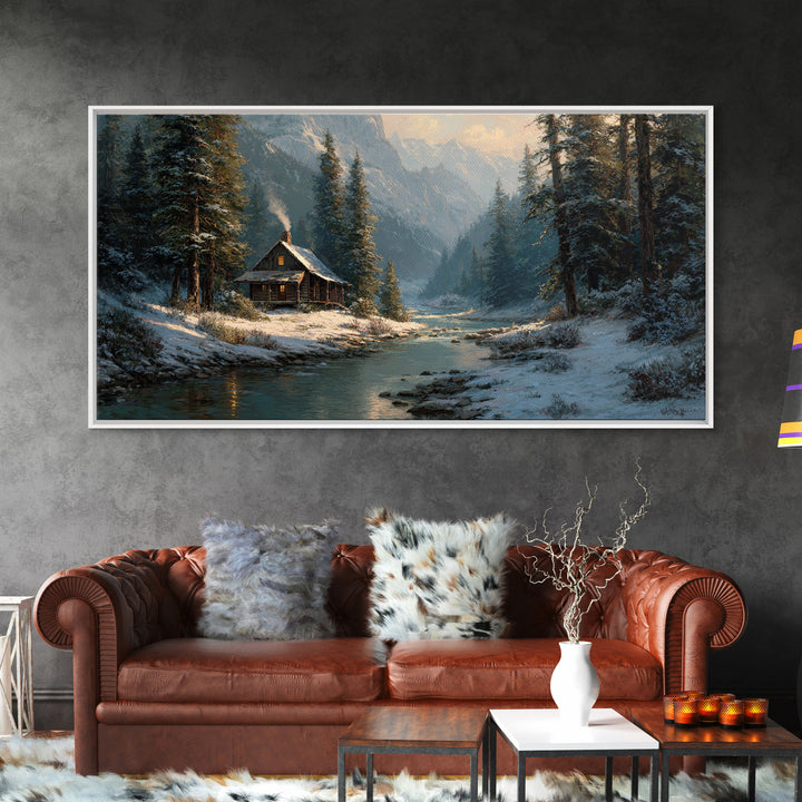 Rustic Winter Landscape Painting Of Cabin Beside Snowy Stream Large Wall Art Original Painting Canvas Print