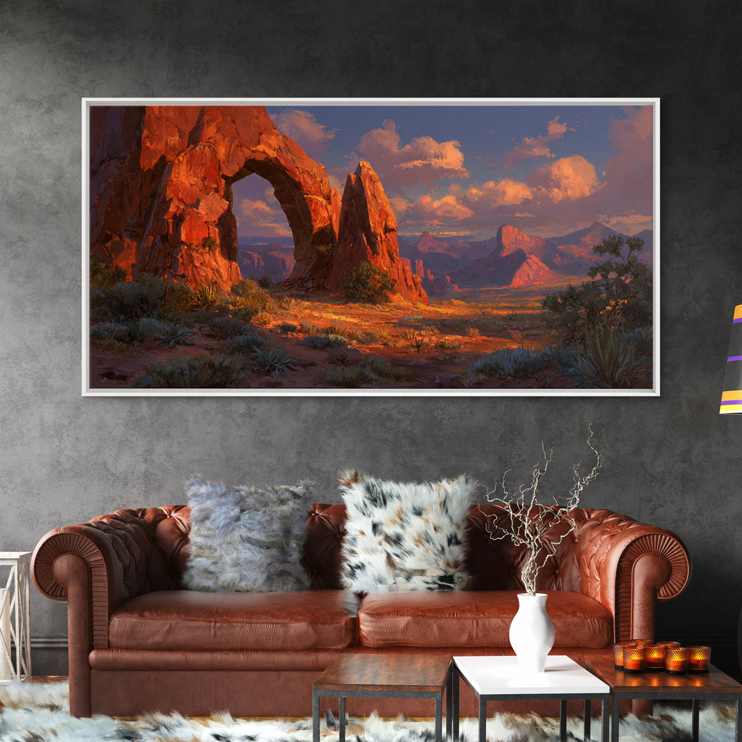 Sunlit Red Rock Arch In Desert Landscape Stunning Warm Tones Southwestern Wall Art For Living Room Decor Framed Canvas Print