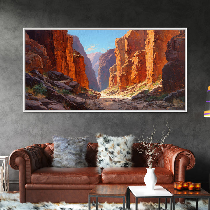 Majestic Canyon Landscape Oil Painting With Dramatic Cliff Sunlight And Shadows Large Wall Art Framed Canvas Print For Rustic Home Decor