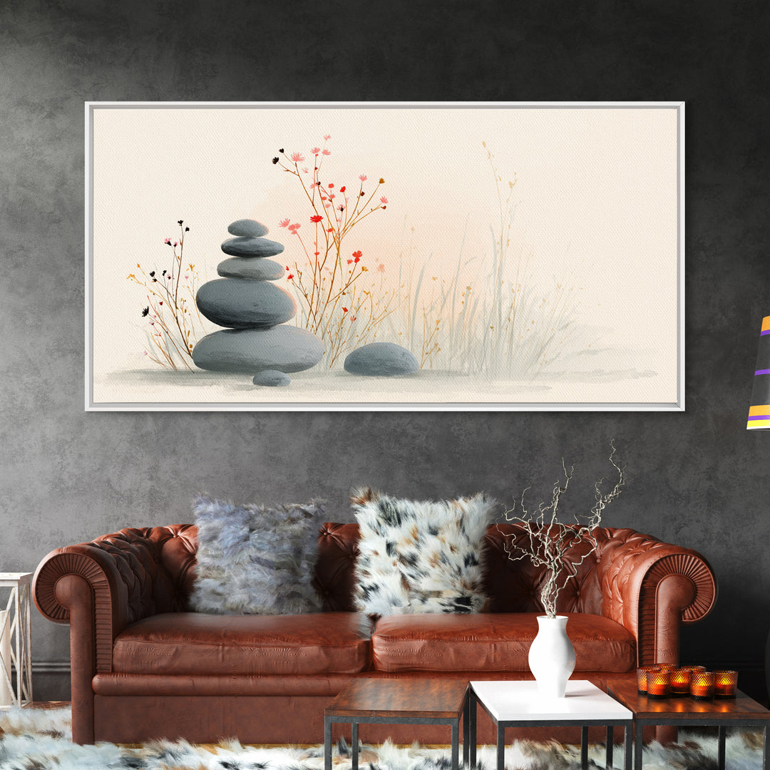 Stacked Zen Stones With Delicate Botanicals Wall Art, Minimalist Spa Decor, Calming Meditation Room Canvas Print, Neutral Home Decor