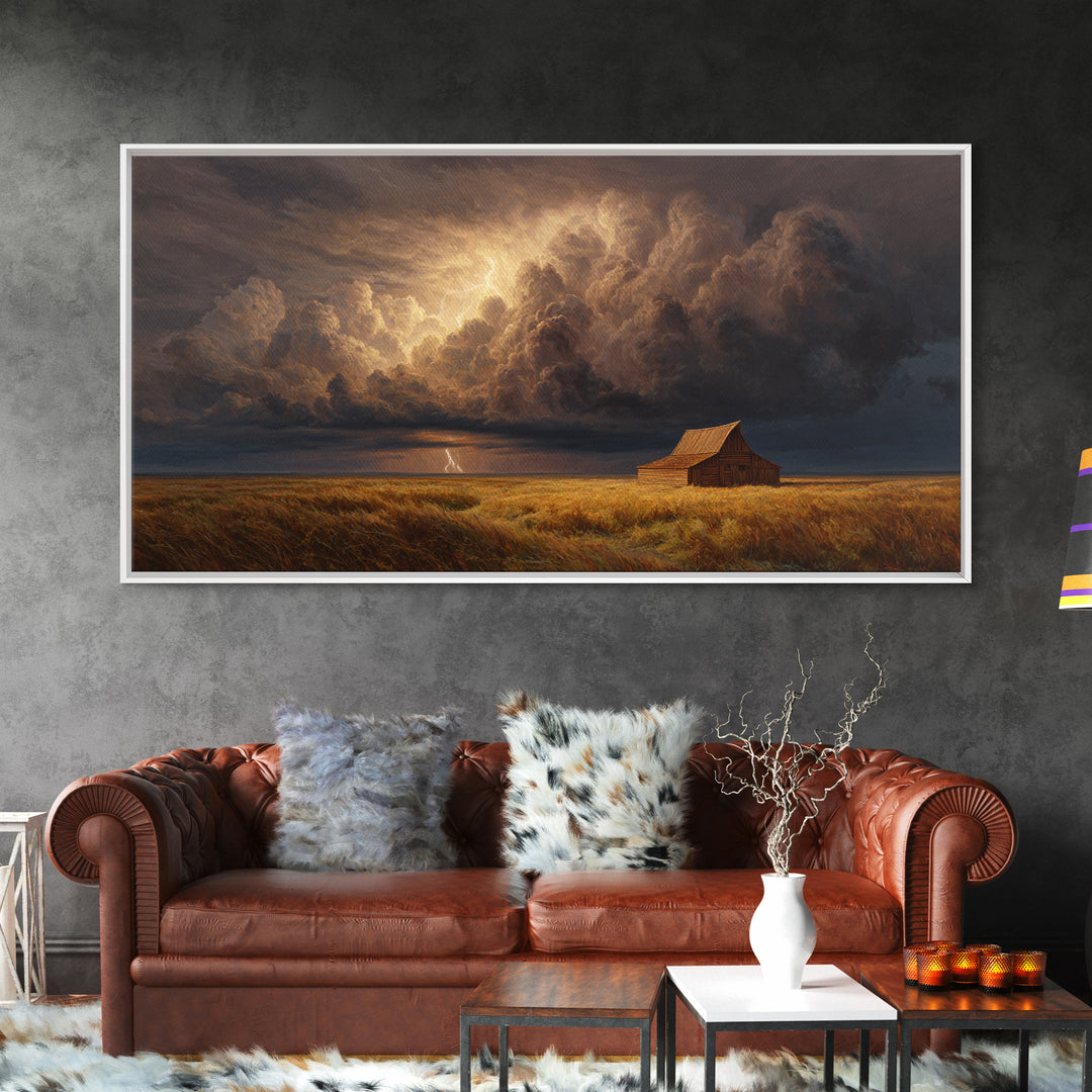 Dramatic Prairie Storm With Lightning Over Barn Large Wall Art Oil Painting Canvas Print Rustic Decor