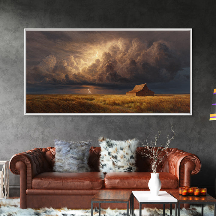 Dramatic Prairie Storm With Lightning Over Barn Large Wall Art Oil Painting Canvas Print Rustic Decor