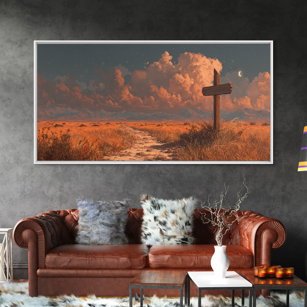 Tranquil Desert Landscape Sunlit Path With Cross Wall Art Sunset Painting Canvas Print Home Decor