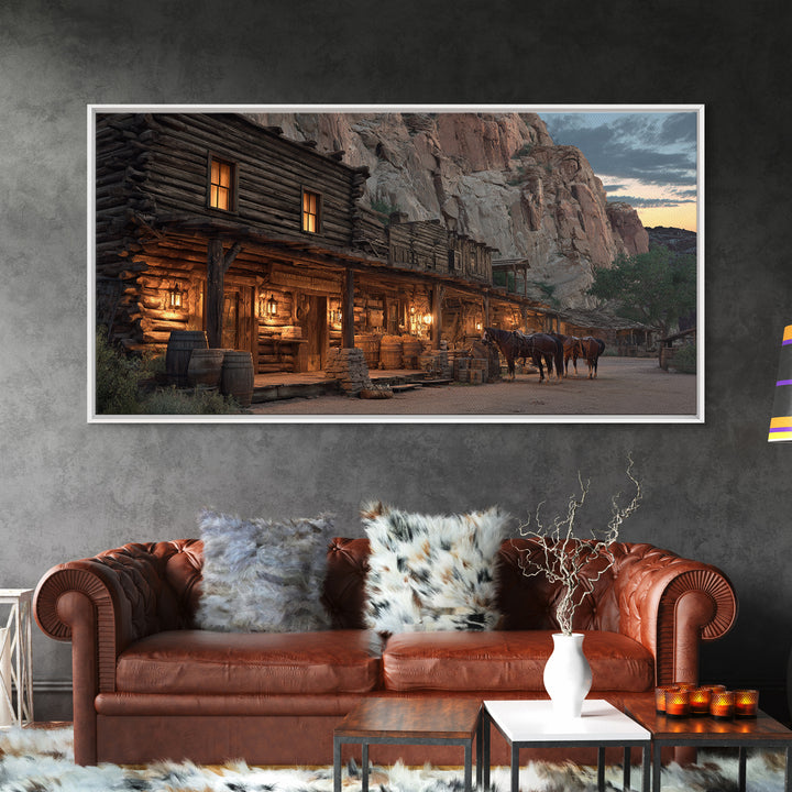 Historic Old Western Log Cabin With Horses At Dusk Wall Art Framed Canvas Print For Rustic Home Décor