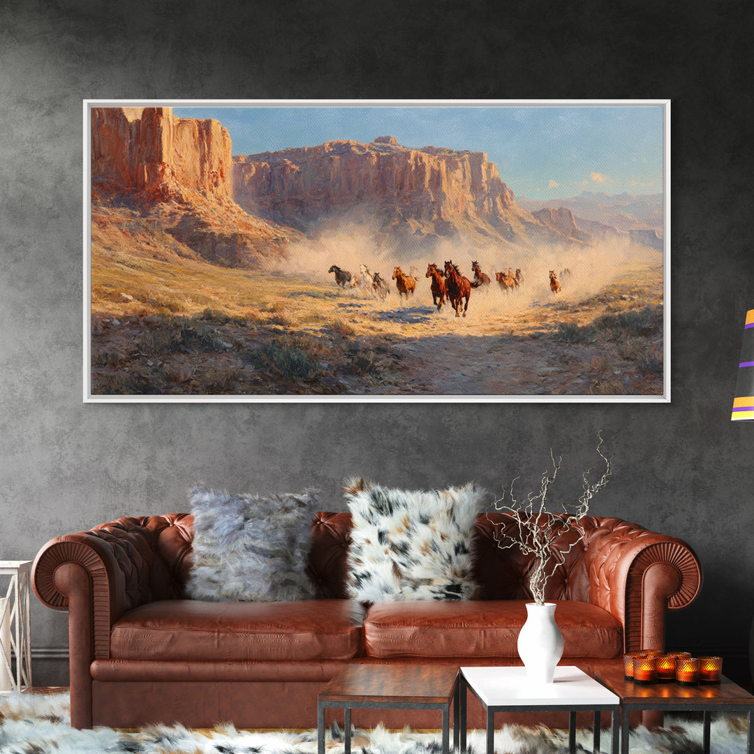 Dramatic Wild Horses Running Across Dusty Plains Majestic Western Landscape Wall Art Canvas Print for Rustic Home Decor
