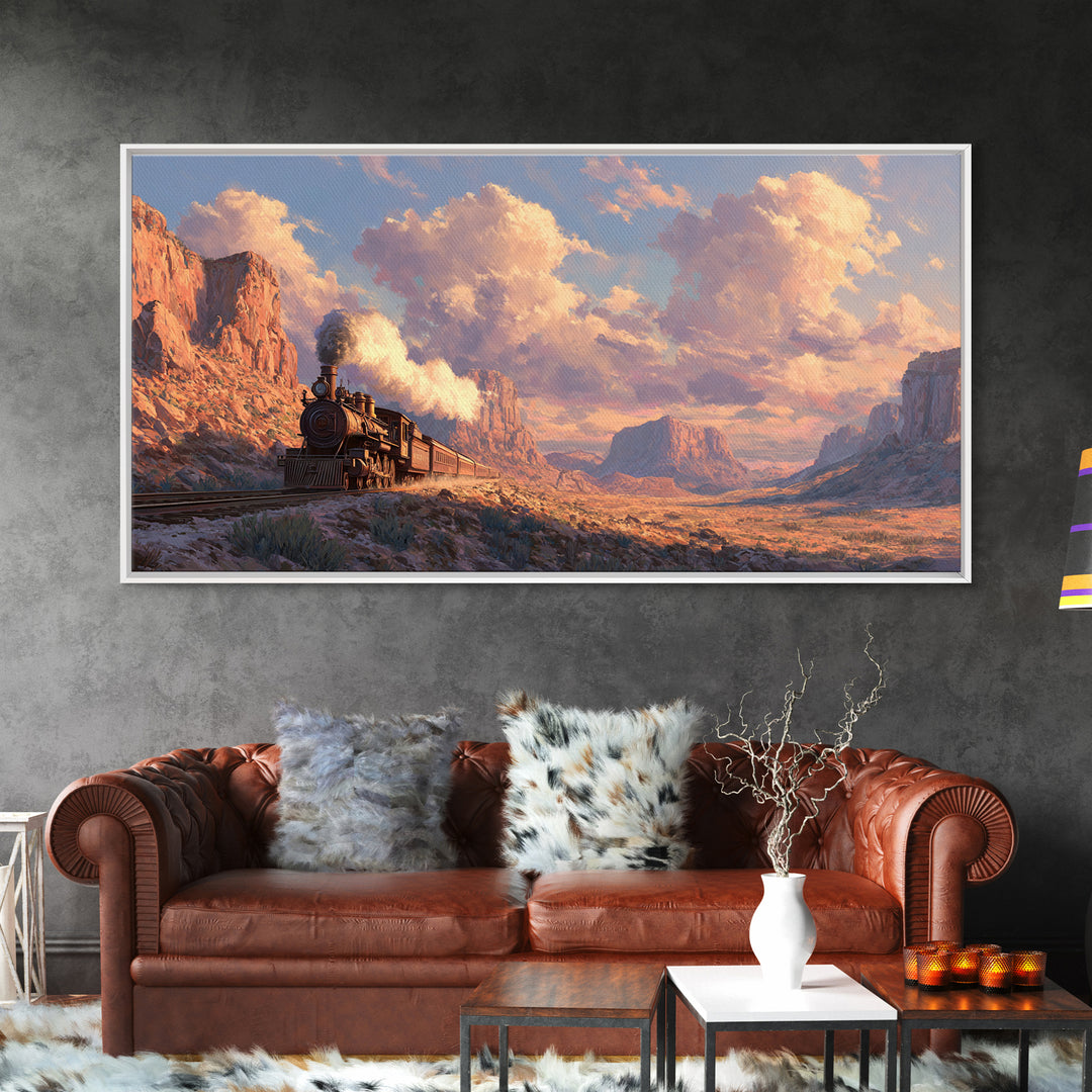 Vintage Steam Locomotive Train Crossing Desert Canyon Landscape Painting Canvas Print Rustic Wall Art