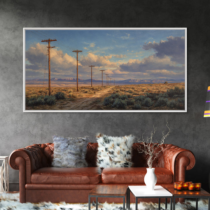 Desert Landscape With Power Poles Under Dramatic Sky Oil Painting Large Wall Art For Home Decor