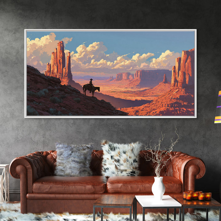 Cowboy On Horse Overlooking Majestic Red Rock Canyon Landscape Wall Art Framed Canvas Print For Rustic Home Decor