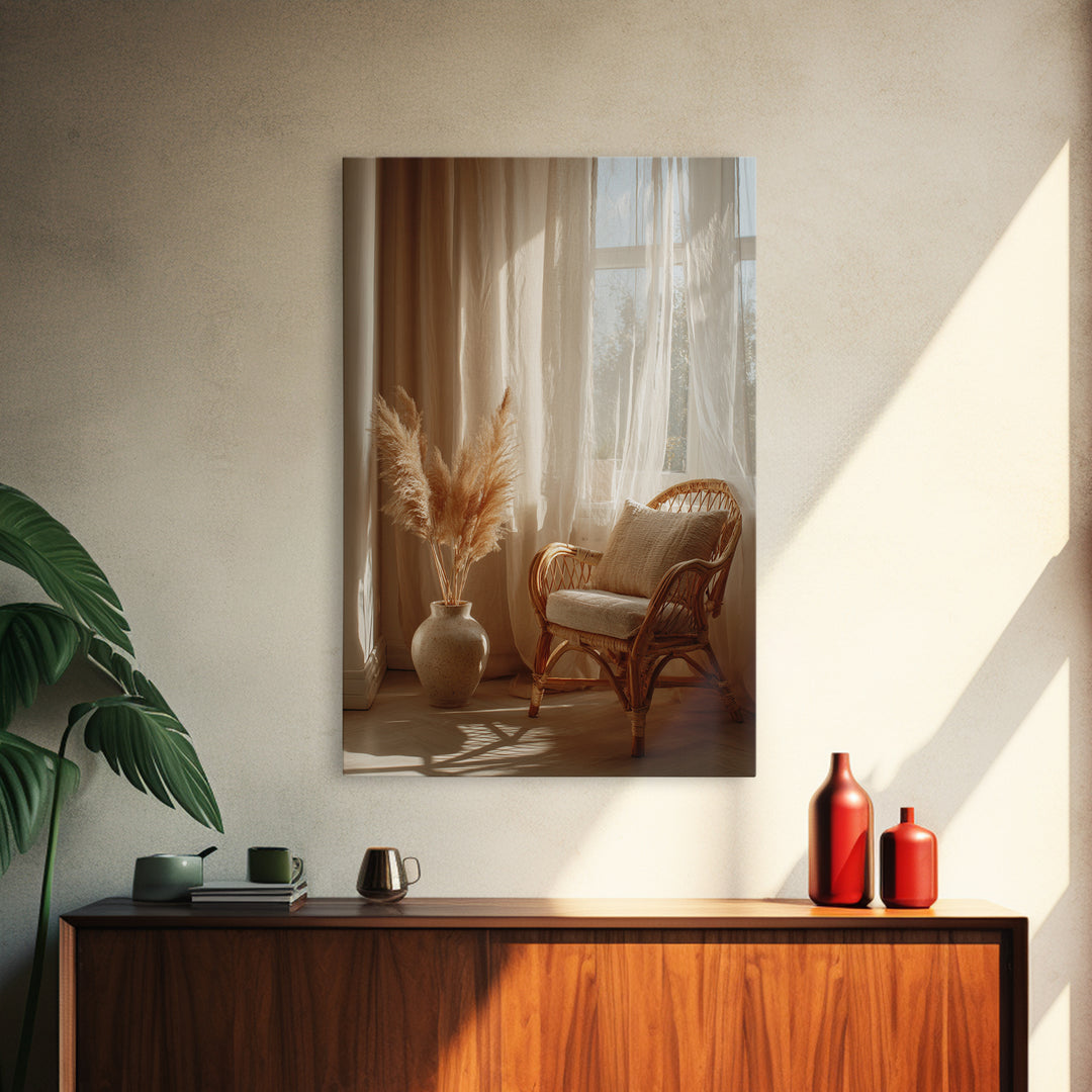 Sunlit Rattan Chair With Pampas Grass Framed Canvas Print, Boho Wall Art, Neutral Home Decor, Cozy Bedroom Wall Decor Print