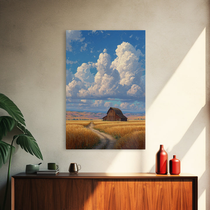 Quiet Serenity Of Rustic Barn In Golden Field Under Expansive Sky Wall Art Framed Canvas Print