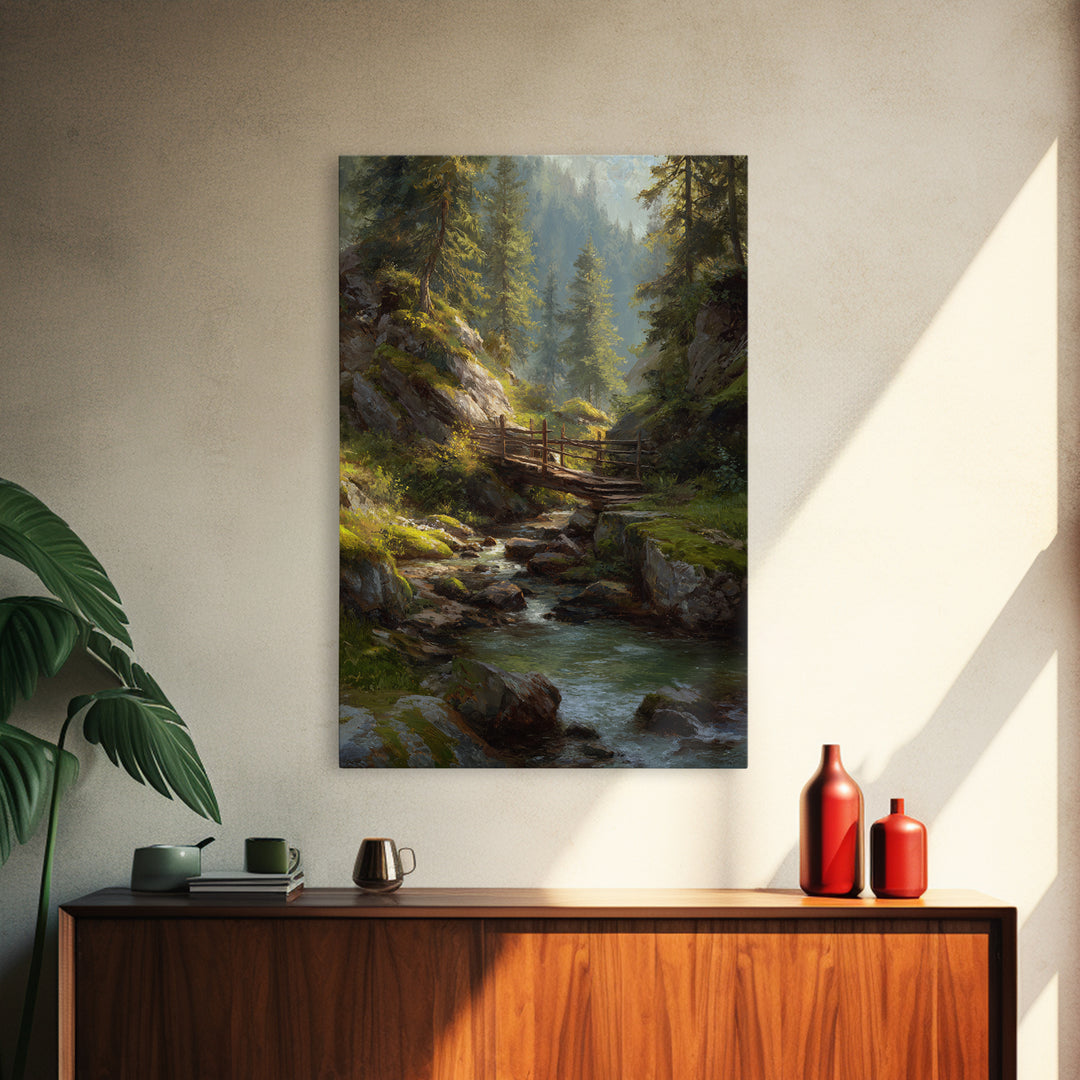 Peaceful Forest Stream Landscape Oil Painting With Bridge And Sunlight Fine Art Print Wall Art
