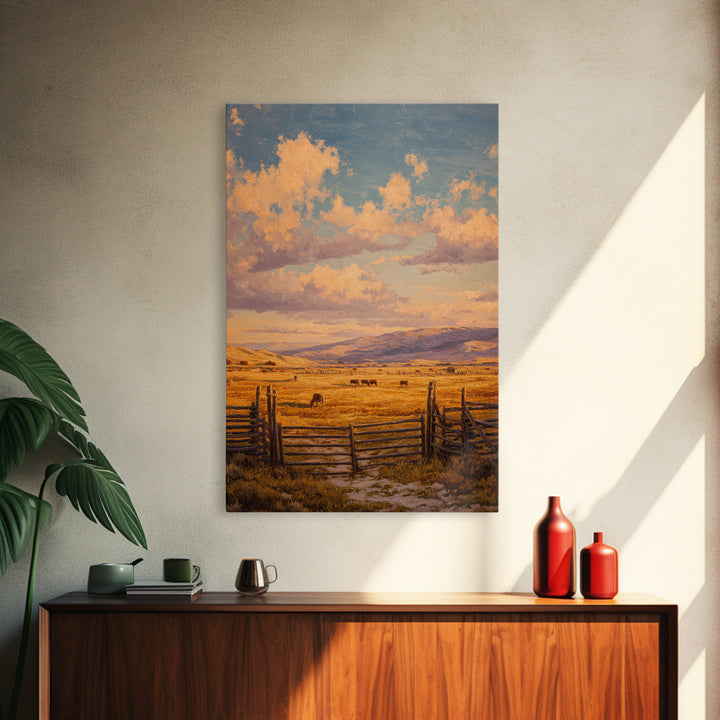 Classic Rural Landscape Oil Painting Rustic Farmhouse Scene With Fence And Cows Large Wall Art Framed Canvas Print