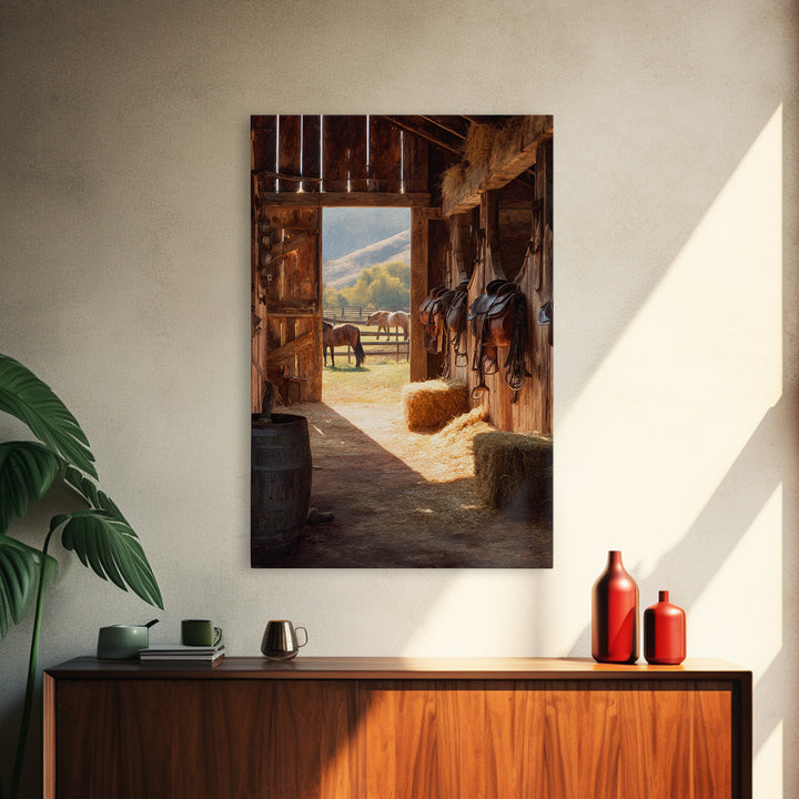 Warm Countryside Barn Interior With Horses Rustic Wall Art Framed Canvas Print Cozy Farmhouse Home Decor
