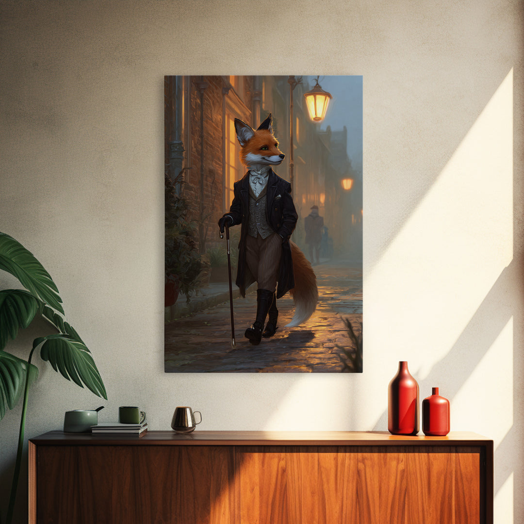 Victorian Fox Strolling Gaslit Street Wall Art, Dapper Animal Portrait, Dark Academia Decor, Whimsical Living Room Print