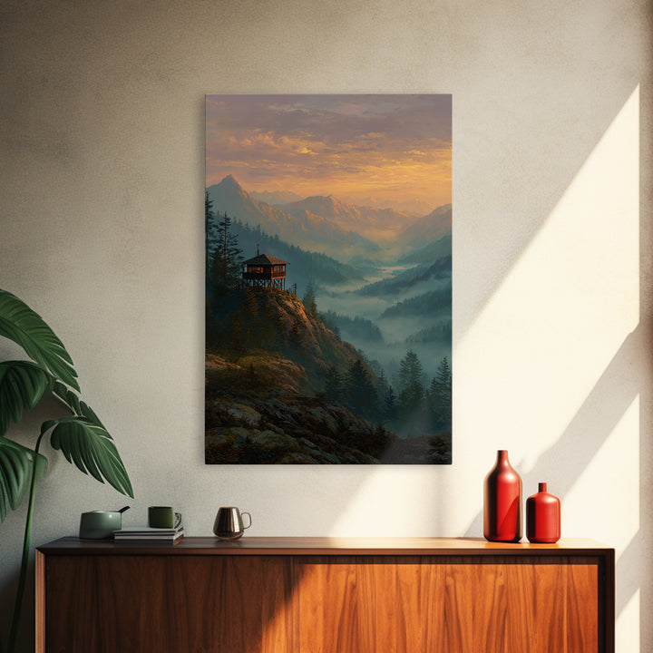 Serene Mountain Landscape At Sunset With Wooden Cabin Wall Art Framed Canvas Print For Living Room Decor