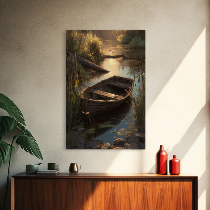 Serene Landscape Oil Painting Of Old Wooden Boat On Calm Water With Dragonflies Wall Art Framed Canvas Print