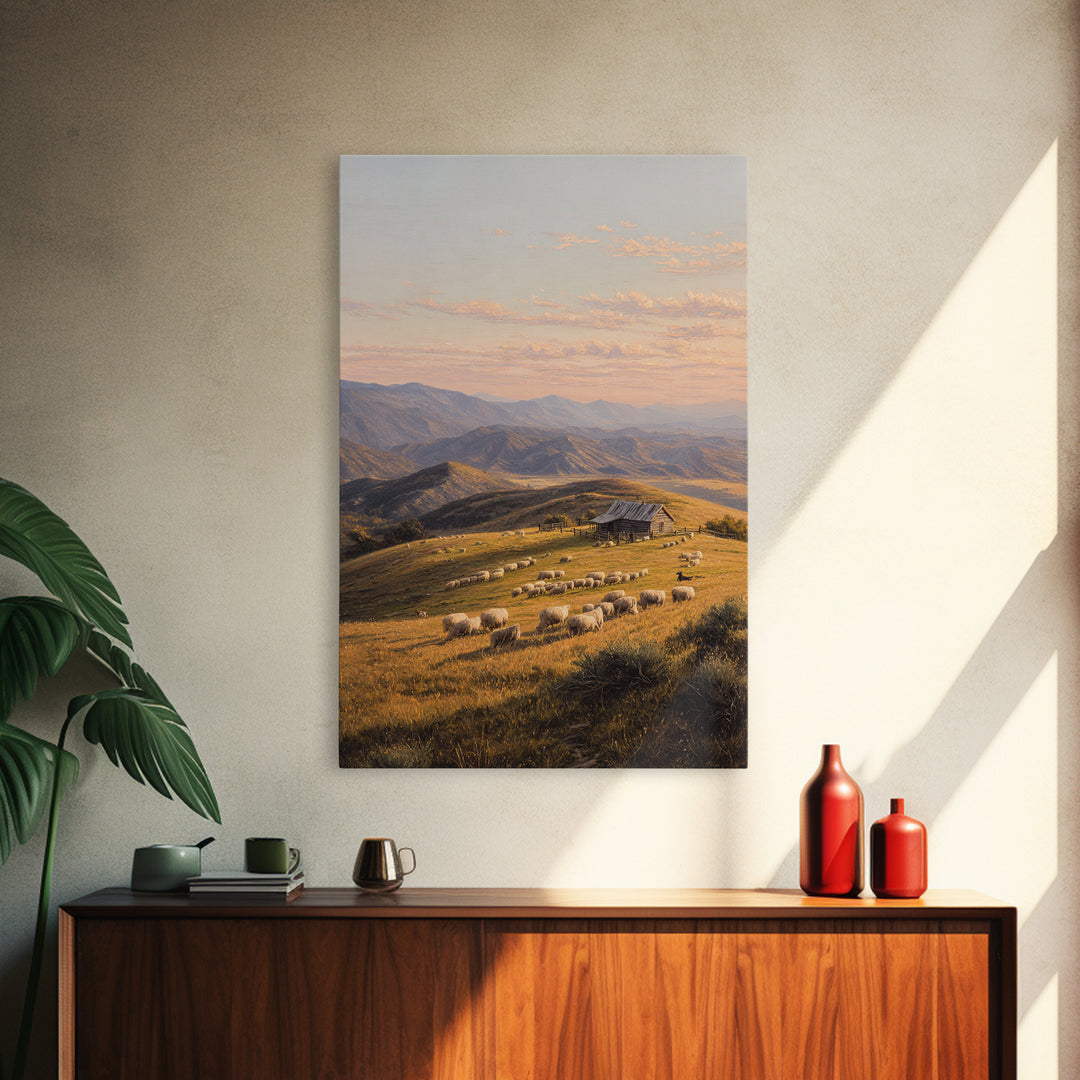 Golden Pastoral Sheep Field Landscape Wall Art Canvas Print Large Rustic Home Decor Countryside Painting Original Art