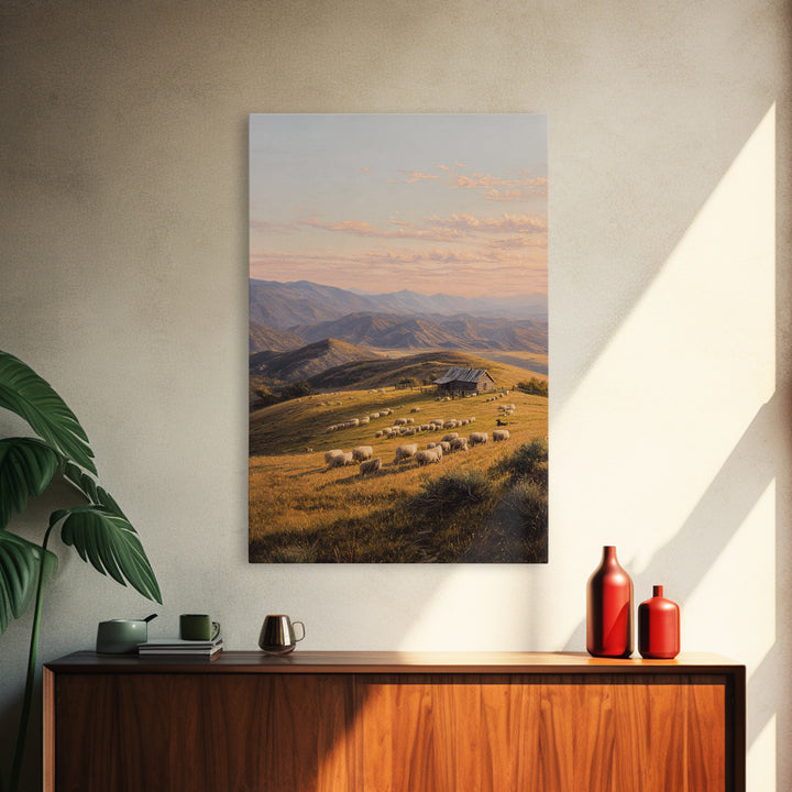 Golden Pastoral Sheep Field Landscape Wall Art Canvas Print Large Rustic Home Decor Countryside Painting Original Art