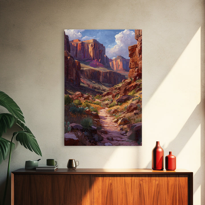 Grand Canyon Landscape Oil Painting Portrait Of Canyon Rocks Blue Sky And Path Trail Large Wall Art For Living Room Decor