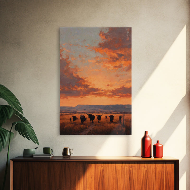Rustic Western Sunset Landscape Painting With Longhorn Cows Framed Canvas Print For Country Home Decor And Farmhouse Wall Art