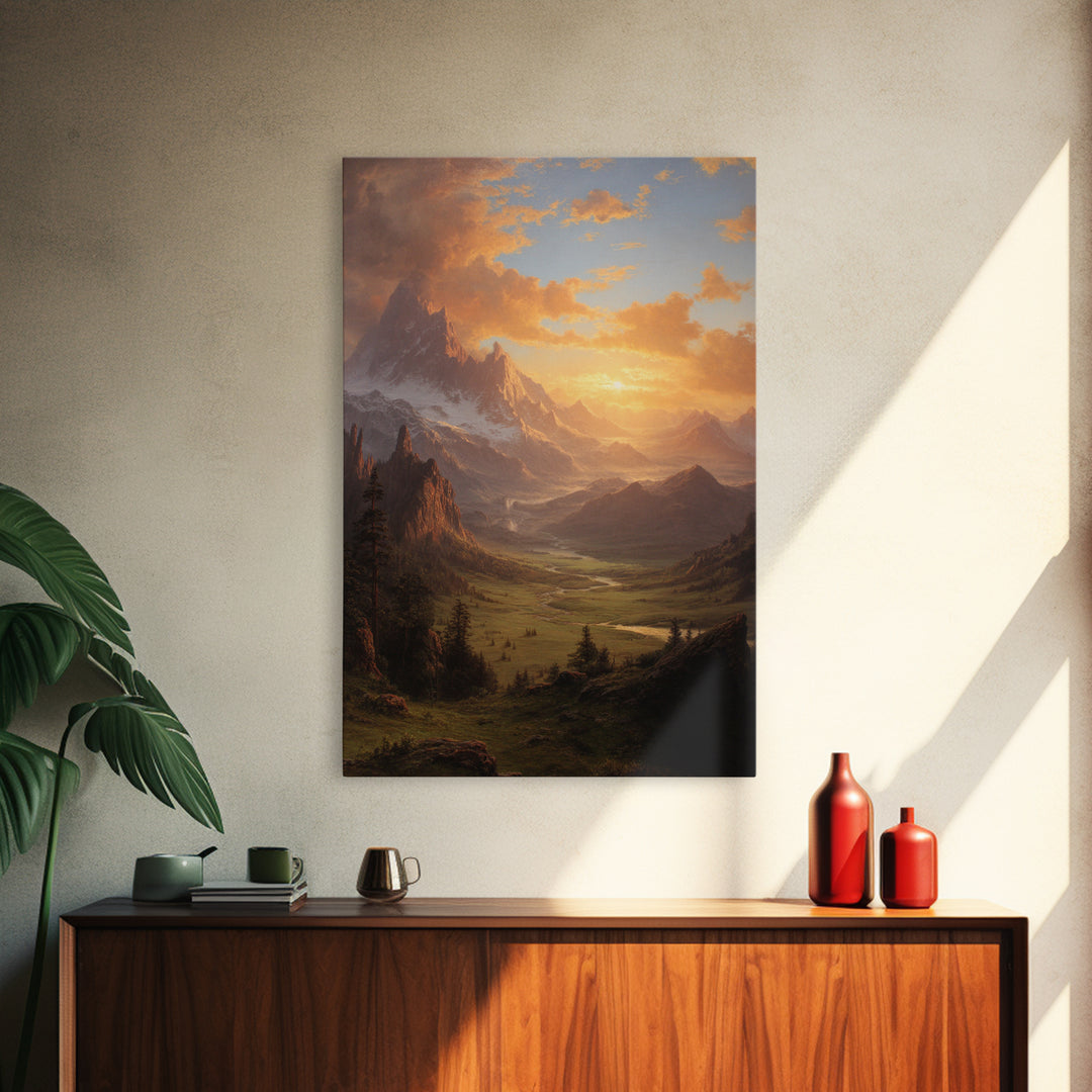 Romantic Mountain Valley Landscape Painting At Sunset Wall Art Print For Living Room Decor Framed Canvas Print Nature Home Decor