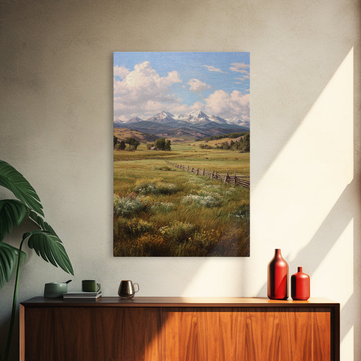 Classic Mountain Landscape With Meadow And River Oil Painting Wall Art Canvas Print For Traditional Rustic Living Room Decor