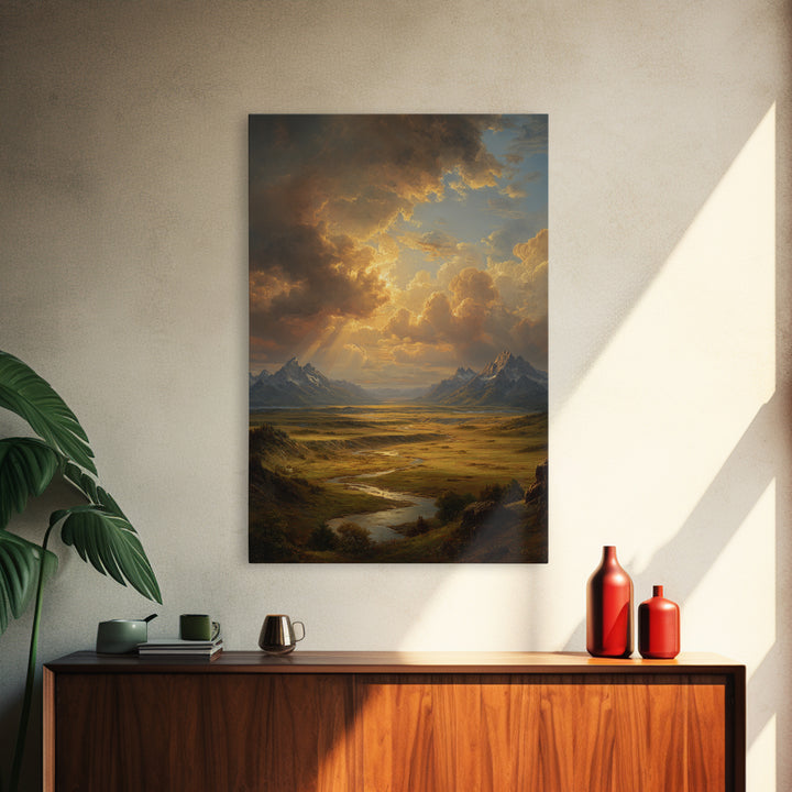 Sunlight Rays Breaking Through Cloudy Sky Over Vast Mountain Valley Framed Canvas Print For Nature Lovers
