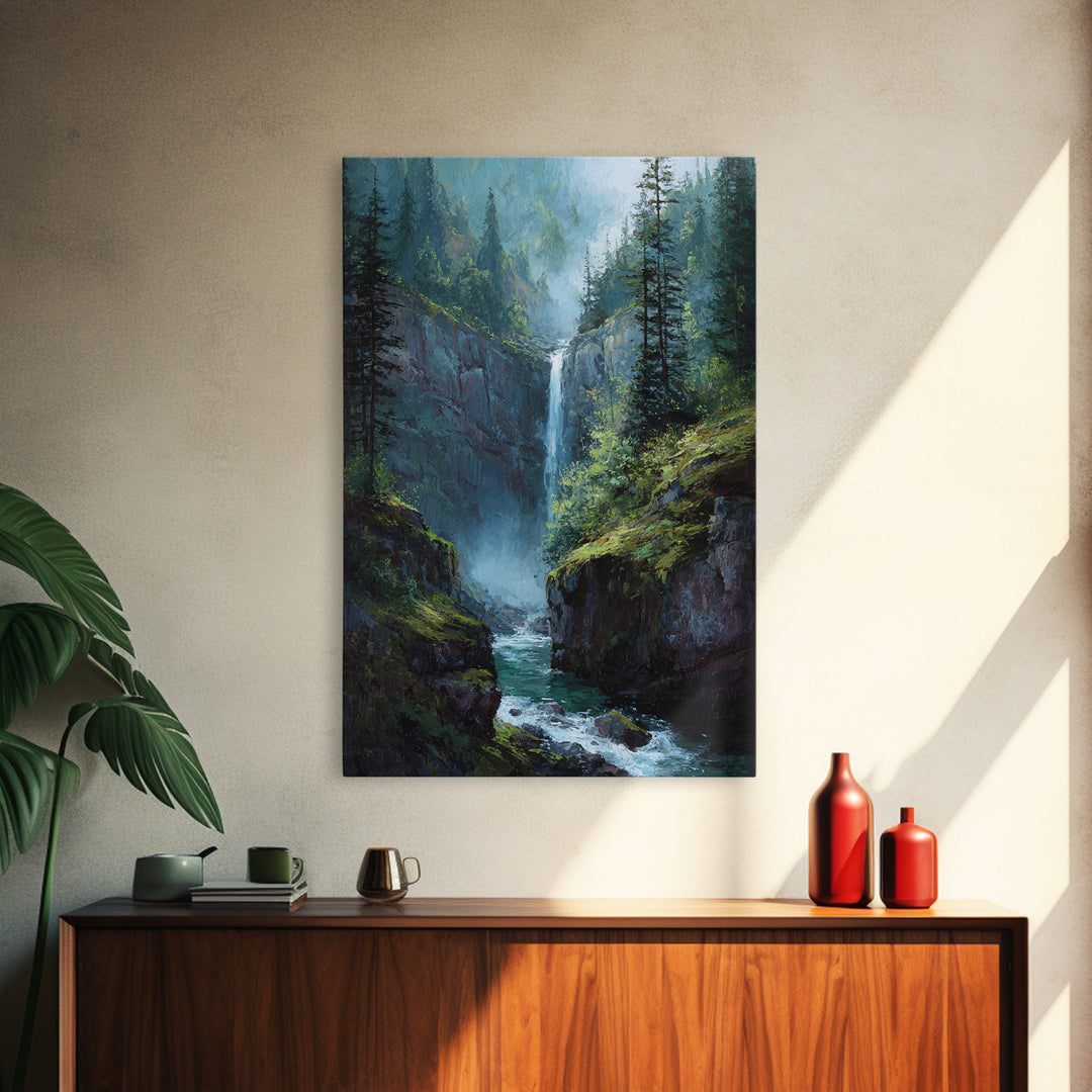 Beautiful Waterfall In Lush Forest Canvas Print, Serene Landscape Wall Art, Nature Inspired Modern Home Decor
