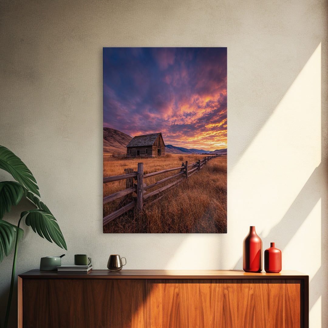 Tranquil Mountain Cabin And Boat By Lake Landscape Oil Painting - Framed Canvas Print Rustic Wall Art For Home Decor
