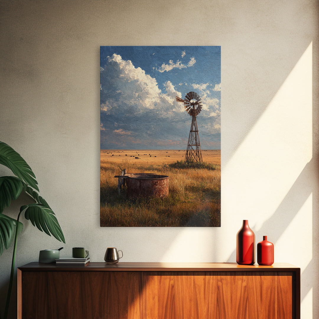 Rustic Windmill Landscape With Golden Fields Under Cloudy Sky - Large Wall Art Canvas Print Rustic Home Decor