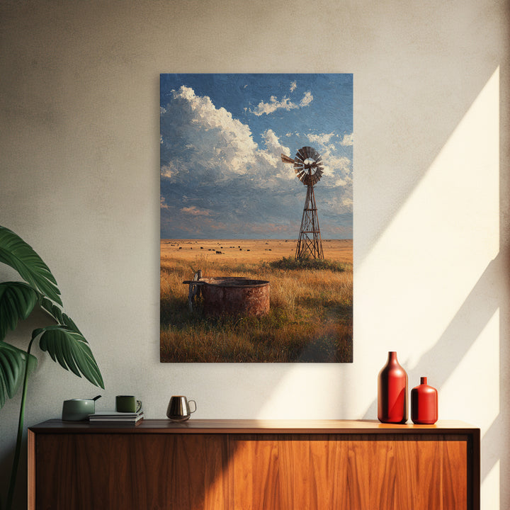 Rustic Windmill Landscape With Golden Fields Under Cloudy Sky - Large Wall Art Canvas Print Rustic Home Decor