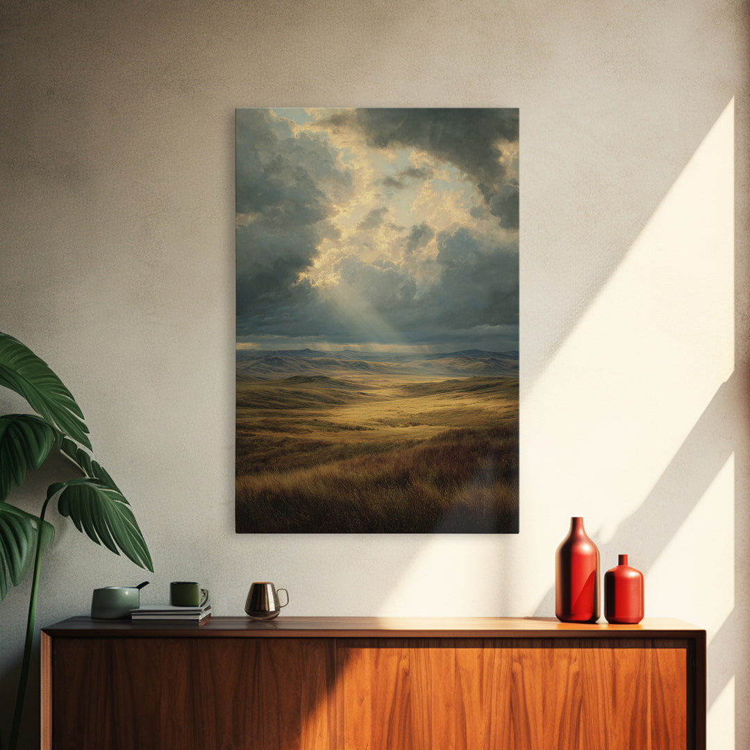 Magnificent Sunbeam Over Vast Meadow Landscape Painting Wall Art Large Canvas Print For Rustic And Farmhouse Decor