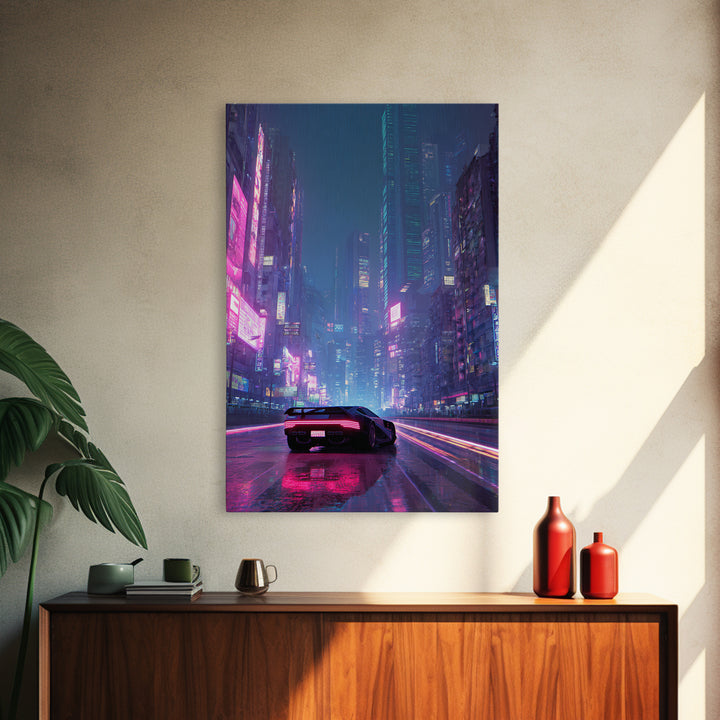 Futuristic Cyberpunk Car Racing Through Neon Lit Rainy City Streets Canvas Print For Trendy Wall Art
