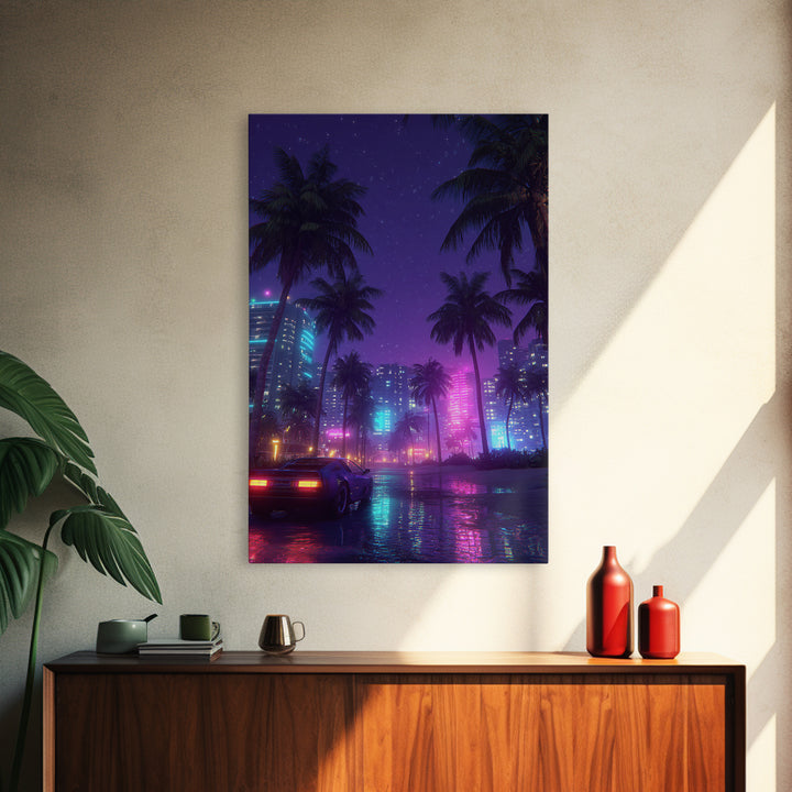 Neon Cityscape With Palm Trees And Retro Sports Car Large Wall Art Framed Canvas Print Vibrant Modern Home Decor