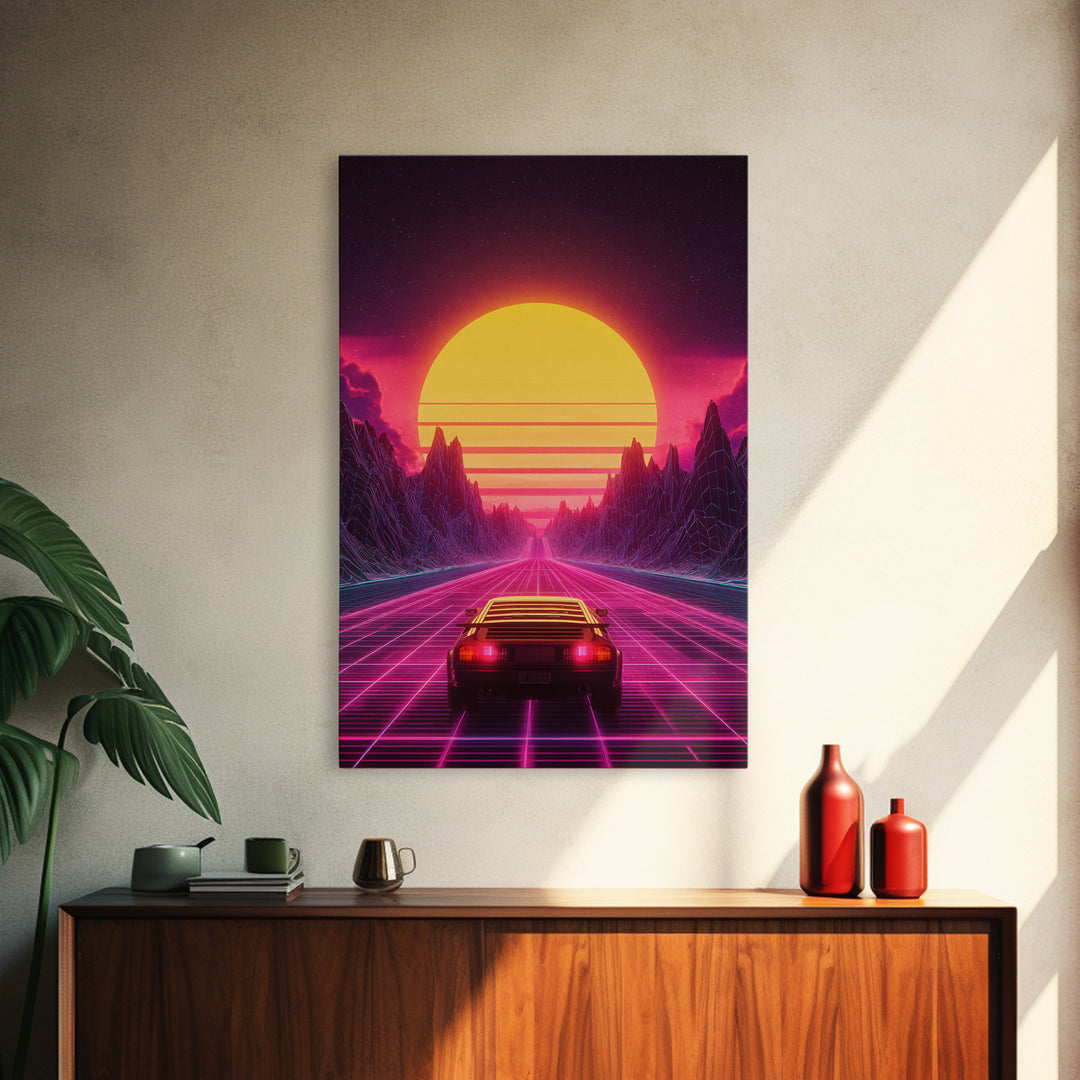 Retro Futuristic Neon Sunset Landscape With Car Driving On Road Wall Art Canvas Print Modern Home Decor For Living Room