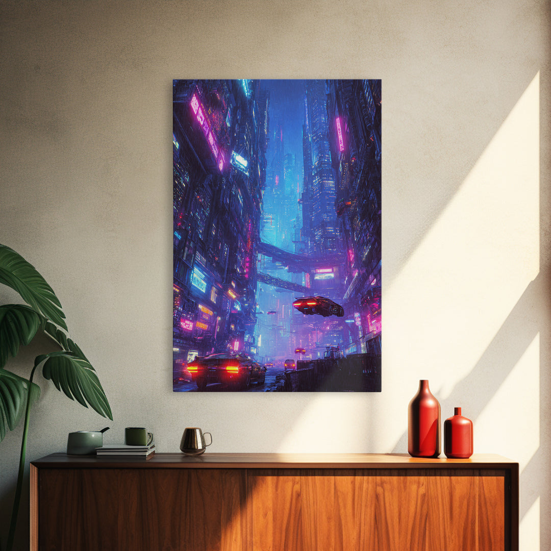 Cyberpunk Cityscape Night Scene Neon Lights Digital Wall Art Framed Canvas Print for Modern Home Decor