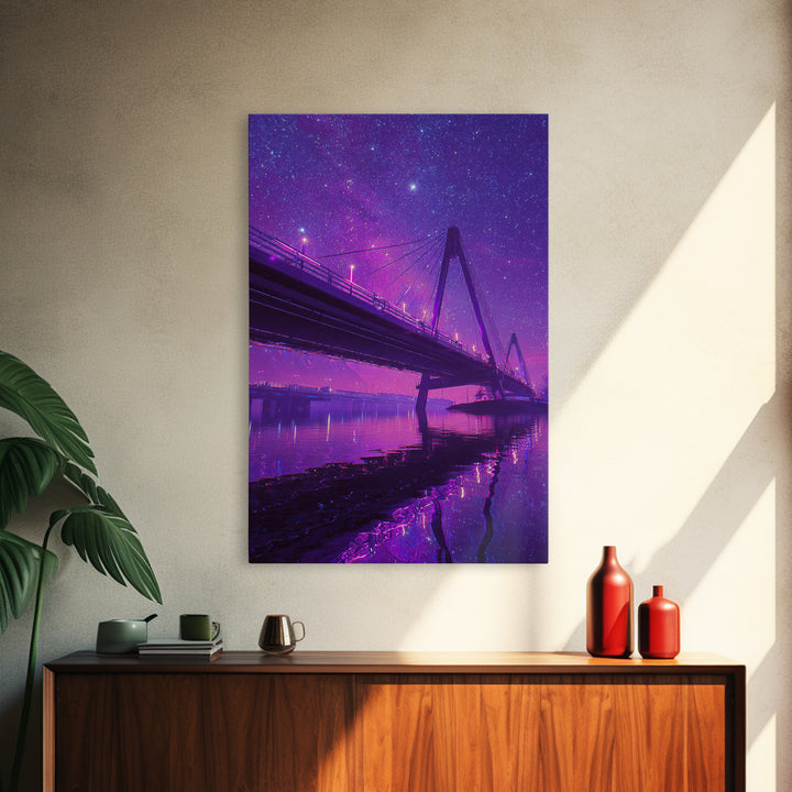 Digital 80s Style Neon Mountain Landscape With Purple Glowing River Wall Art Framed Canvas Print For Retro Modern Home Decor