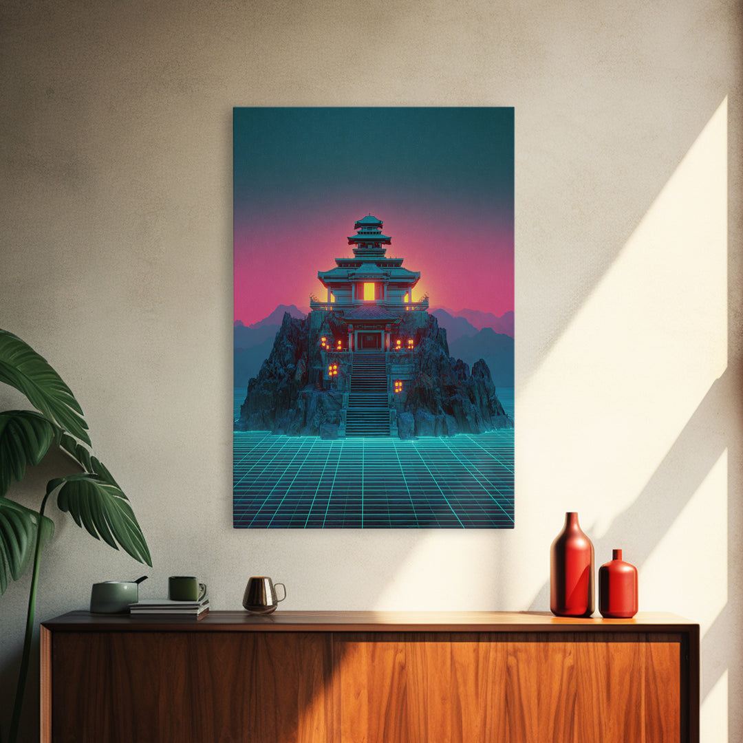 Futuristic Cyberpunk Japanese Temple Digital Artwork Wall Art Vibrant Canvas Print Perfect For Modern Home Decor