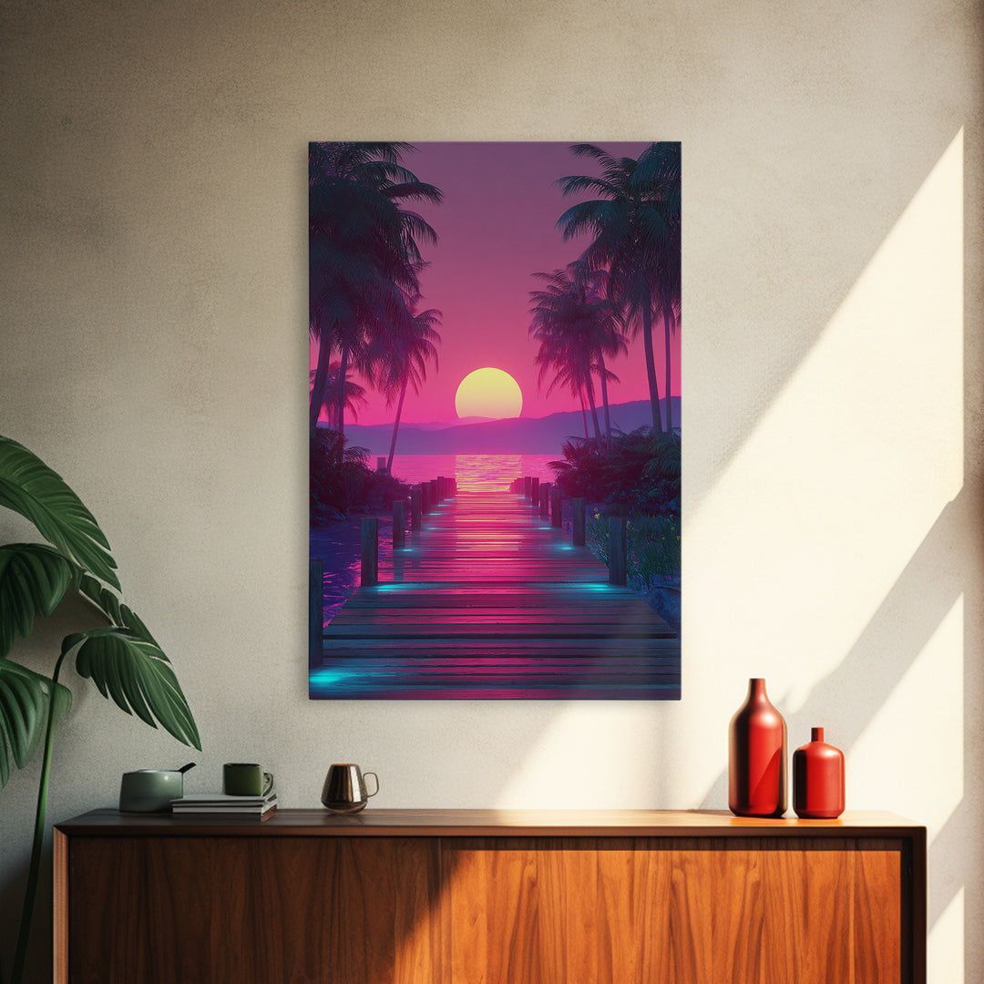 Retro Futuristic Neon Pink Sunset Over Waterfront Pier With Palm Trees Wall Art Framed Canvas Print For Vibrant Home Decor