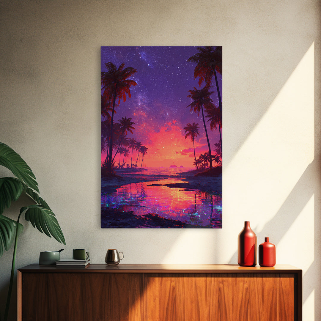 Vibrant Tropical Beach Sunset With Starry Sky Landscape Wall Art For Home Decor Framed Canvas Print