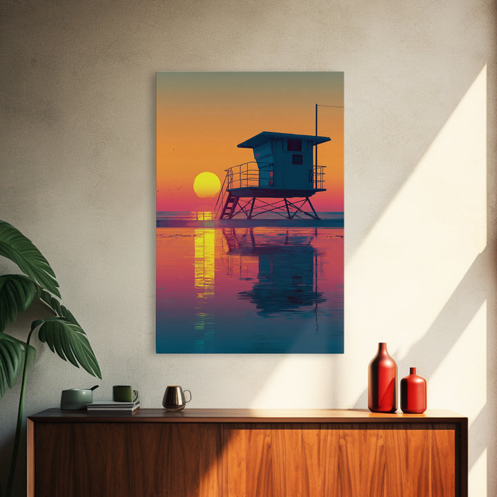 Sunset Beach Scene With Lifeguard Tower Reflecting On Water Modern Wall Art Digital Canvas Print