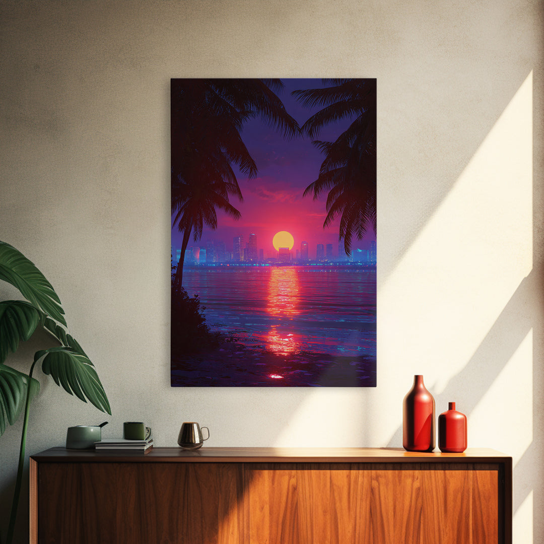Retrowave Neon Sunset Cityscape Wall Art Canvas Print Modern Wall Art Miami Home Decor